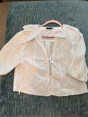 Zara White Lace Collar Tie-Front Blouse